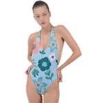 Flower Backless Halter One Piece Swimsuit